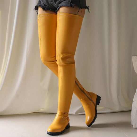 Women's Yellow Polyurethane Thigh High Over The Knee Rounded Toe Fashion Boots - Picture 4 of 7